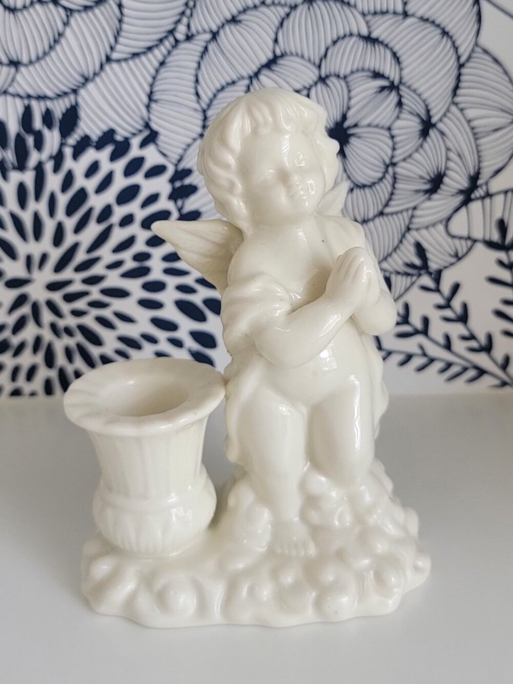 White cherub taper candle holder; glazed ceramic, Christmas decor
